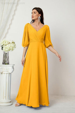 Baoleely  Formal Prom Gown Women V-Neck Chiffon Bridesmaid Dresses Long Bishop Sleeve Party Dress 2807
