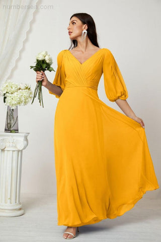 Baoleely  Formal Prom Gown Women V-Neck Chiffon Bridesmaid Dresses Long Bishop Sleeve Party Dress 2807