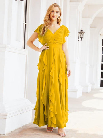 Robe de demoiselle d'honneur à volants et manches longues, robe de soirée formelle 28041 