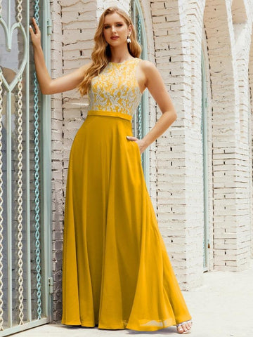 Vestido de dama de honor de encaje, largo hasta el suelo, con bolsillos, 28017 