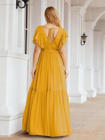 Baoleely Women's Open Back Formal Evening Party Prom Gowns V-Neck Long Chiffon Bridesmaid Dresses with Waist Belt 28038