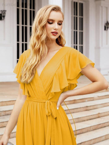 Baoleely Women's Open Back Formal Evening Party Prom Gowns V-Neck Long Chiffon Bridesmaid Dresses with Waist Belt 28038