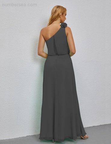 Robe de demoiselle d'honneur longue sans manches à volants et à une épaule, coupe trapèze, robe de soirée formelle fendue sur le côté 28080 