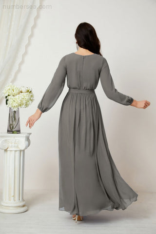 Sunnderly Evening Dresses Deep V-Neck Chiffon Bridesmaid Dresses Long Bishop Sleeve Side Split Formal Dress SY2806