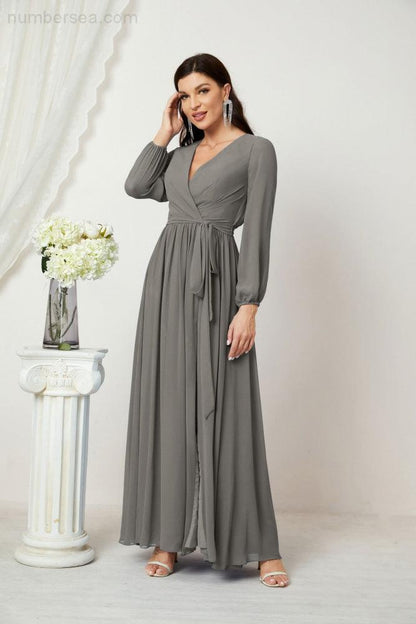 Numbersea Evening Dresses Deep V-Neck Chiffon Bridesmaid Dresses Long Bishop Sleeve Side Split Formal Dress 2806