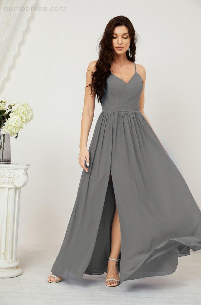 Numbersea  Neck Bridesmaid Dresses Chiffon Long Spaghetti A-line Formal Prom Gown for Wedding Party Evening 2801