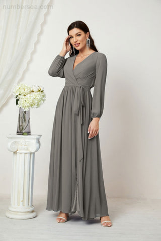 Sunnderly Evening Dresses Deep V-Neck Chiffon Bridesmaid Dresses Long Bishop Sleeve Side Split Formal Dress SY2806