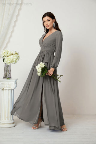 Sunnderly Evening Dresses Deep V-Neck Chiffon Bridesmaid Dresses Long Bishop Sleeve Side Split Formal Dress SY2806