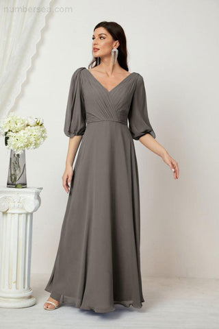 Baoleely  Formal Prom Gown Women V-Neck Chiffon Bridesmaid Dresses Long Bishop Sleeve Party Dress 2807