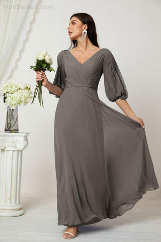 Baoleely  Formal Prom Gown Women V-Neck Chiffon Bridesmaid Dresses Long Bishop Sleeve Party Dress 2807