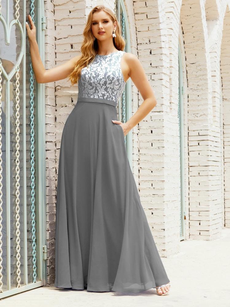 Lace Bridesmaid Dress Floor Length Evening Gowns with Pockets 28017