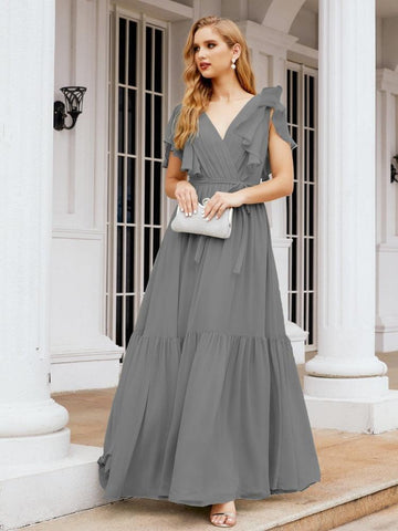 Baoleely Women's Open Back Formal Evening Party Prom Gowns V-Neck Long Chiffon Bridesmaid Dresses with Waist Belt 28038