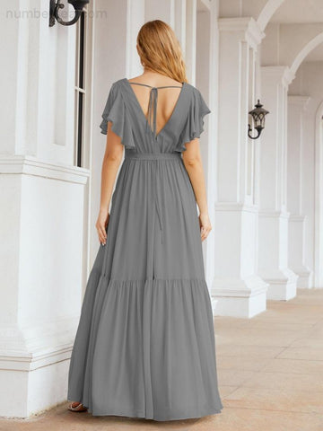 Baoleely Women's Open Back Formal Evening Party Prom Gowns V-Neck Long Chiffon Bridesmaid Dresses with Waist Belt 28038