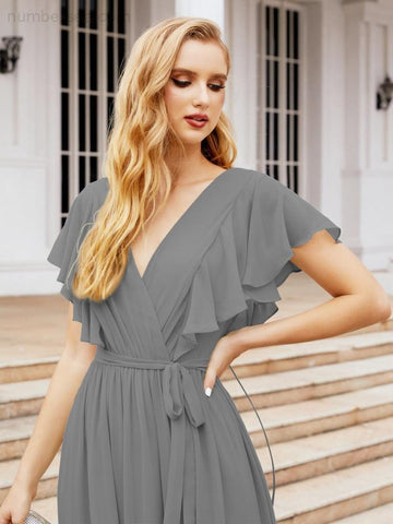 Baoleely Women's Open Back Formal Evening Party Prom Gowns V-Neck Long Chiffon Bridesmaid Dresses with Waist Belt 28038