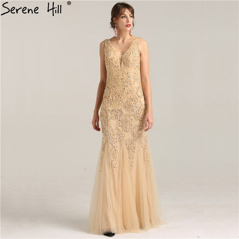 On Sale No Return No Refund Sale  Deep-V Luxury Sexy Mermaid Evening Gowns Crystal Beading Elegant Fashion Tulle Evening Dresses Real Photo LA6249