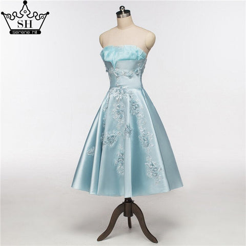 On Sale No Return No Refund Newest Short Evening Dresses Strapless Sexy Applique Satin Formal Evening Party HA2076