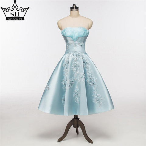 On Sale No Return No Refund Newest Short Evening Dresses Strapless Sexy Applique Satin Formal Evening Party HA2076