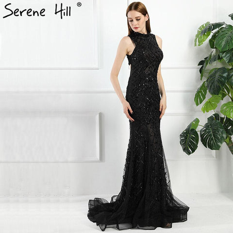 On Sale no return no refund Sale Black High Neck Sexy Tulle Evening Dresses Sleeveless High-end Mermaid Fashion Formal Evening Party Real Photo LA6190