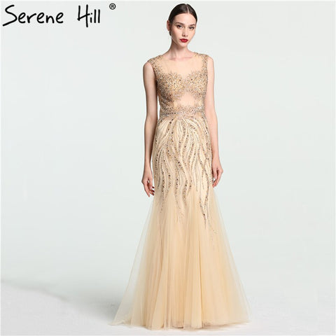 On Sale no return no refundSale O-Neck Luxury Illusion Mermaid Evening Dresses Long Sexy Beading Crystal Fashion Evening Gown LA6119