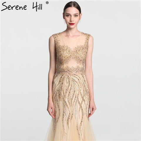 On Sale no return no refundSale O-Neck Luxury Illusion Mermaid Evening Dresses Long Sexy Beading Crystal Fashion Evening Gown LA6119