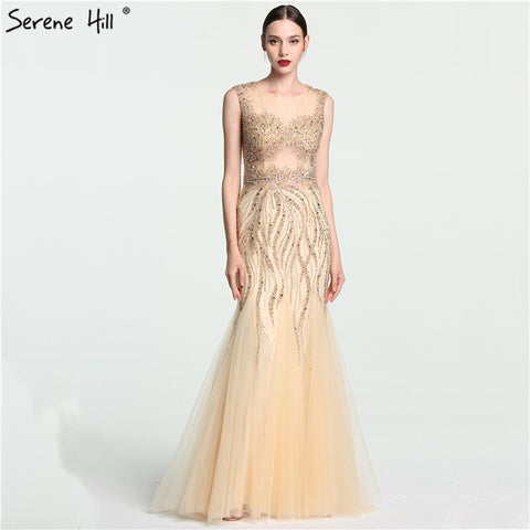 On Sale no return no refundSale O-Neck Luxury Illusion Mermaid Evening Dresses Long Sexy Beading Crystal Fashion Evening Gown LA6119