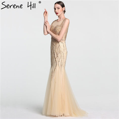 On Sale no return no refundSale O-Neck Luxury Illusion Mermaid Evening Dresses Long Sexy Beading Crystal Fashion Evening Gown LA6119