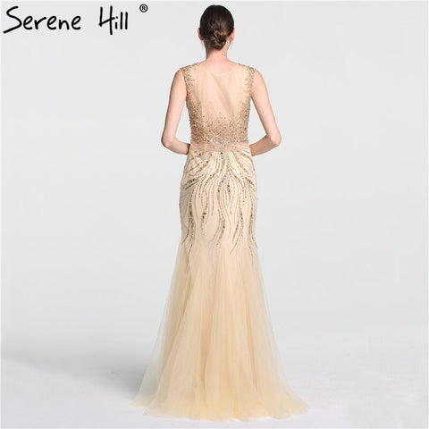 On Sale no return no refundSale O-Neck Luxury Illusion Mermaid Evening Dresses Long Sexy Beading Crystal Fashion Evening Gown LA6119