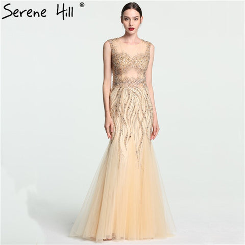 On Sale no return no refundSale O-Neck Luxury Illusion Mermaid Evening Dresses Long Sexy Beading Crystal Fashion Evening Gown LA6119