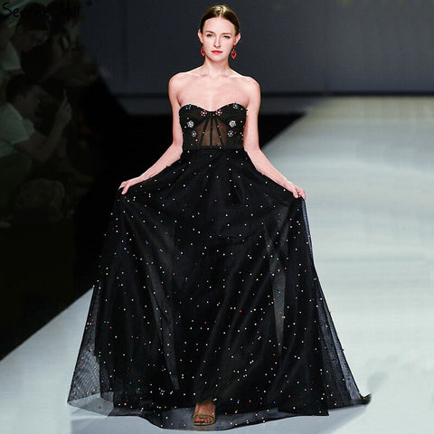 2025 noir Schatz Sexy Tüll Prom Kleider Neueste Diamant Perlen Off Schulter Mode Abendkleider LA6347