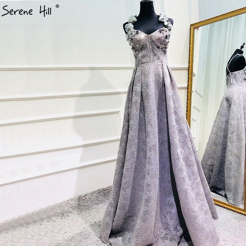 On Sale No Return No Refund Sale 2025 Grey Sequined Flowers Lace Evening Dresses New Sexy Sleeveless Fashion Beach Evening Gowns LA6539
