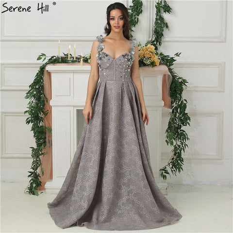 On Sale No Return No Refund Sale 2025 Grey Sequined Flowers Lace Evening Dresses New Sexy Sleeveless Fashion Beach Evening Gowns LA6539
