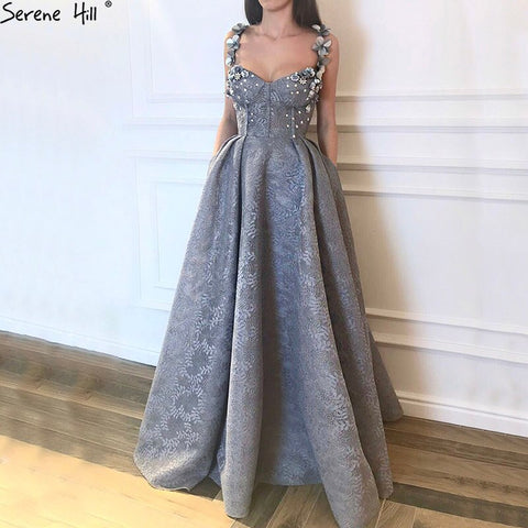 On Sale No Return No Refund Sale 2025 Grey Sequined Flowers Lace Evening Dresses New Sexy Sleeveless Fashion Beach Evening Gowns LA6539