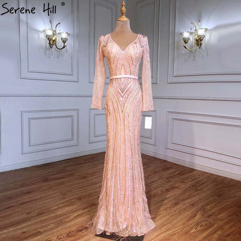 Robe de soirée sirène luxueuse à manches longues et paillettes, en tulle et perles, en solde, sans retour ni remboursement, LA6396