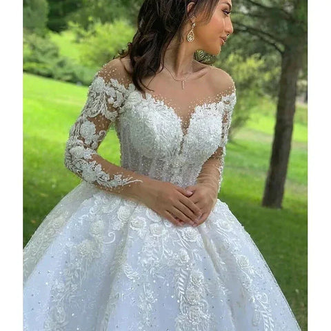 2025 Luxury Muslim Wedding Dress Women's Elegant Long Sleeve Lace Applique A-line Dress Beach Wedding Princess Party O-Neck Brid WD001