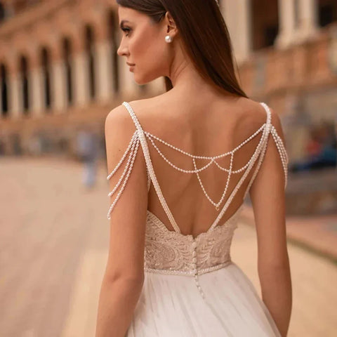 Vestidos de novia modernos con perlas y cadena, tul con apliques de encaje, para compromiso y fiesta nupcial. Vestidos de novia a medida.