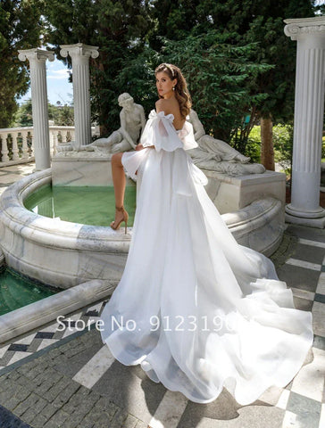 New Front Short Long Back Wedding Dresses Classic Short Sleeve Bride Dress With Train Wedding Gown Vestido De Noiva