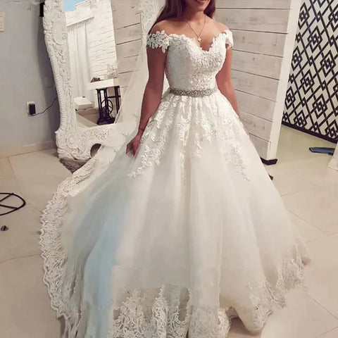 Off Shoulder Embroidery Charming  Sweetheart White Wedding Dress Custom Made Size Ball Gown Wedding Dresse