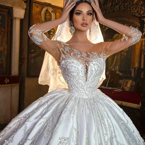 Retro Appliques Satin Beading Wedding Dresses Sweetheart Illusion Sleeves Lace Up Bridal Gown Princess Custom Made Vestido