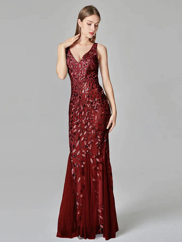 Robe de soirée élégante gris argenté, sexy et simple, col en V, dos nu, sans manches, brodée de perles, coupe sirène, SYP191 