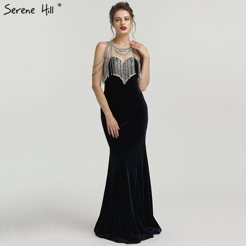 On Sale no return no refund Sale 2025 Sleeveless Beading Tassel Mermaid Evening Dresses New Red Velour Sexy Elegant Evening Gowns LA6586