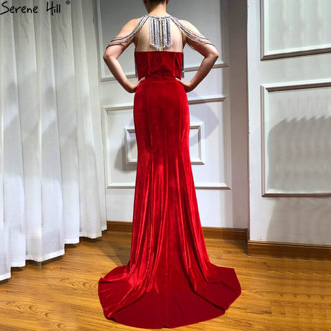 On Sale no return no refund Sale 2025 Sleeveless Beading Tassel Mermaid Evening Dresses New Red Velour Sexy Elegant Evening Gowns LA6586