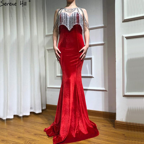 On Sale no return no refund Sale 2025 Sleeveless Beading Tassel Mermaid Evening Dresses New Red Velour Sexy Elegant Evening Gowns LA6586