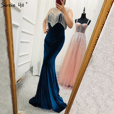 On Sale no return no refund Sale 2025 Sleeveless Beading Tassel Mermaid Evening Dresses New Red Velour Sexy Elegant Evening Gowns LA6586