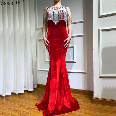 On Sale no return no refund Sale 2025 Sleeveless Beading Tassel Mermaid Evening Dresses New Red Velour Sexy Elegant Evening Gowns LA6586