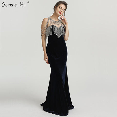 On Sale no return no refund Sale 2025 Sleeveless Beading Tassel Mermaid Evening Dresses New Red Velour Sexy Elegant Evening Gowns LA6586