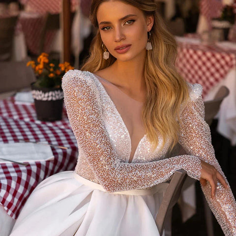 Sparkle Luxury Beach Wedding Dresses For Women Long Sleeves O-Neck Tulle Bridal Gowns A-Line Sweep Train Vestido De Novia