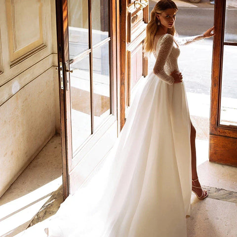 Sparkle Luxury Beach Wedding Dresses For Women Long Sleeves O-Neck Tulle Bridal Gowns A-Line Sweep Train Vestido De Novia