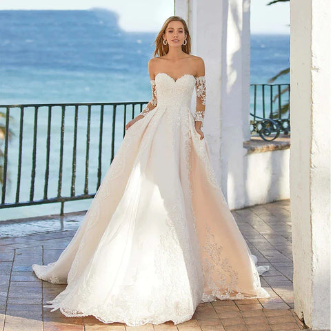 Word Wedding Dresses Women's Elegant Bohemian Beaded Sweetheart Princess Off Shoulder Long Sleeve Lace Applique Bride Gowns