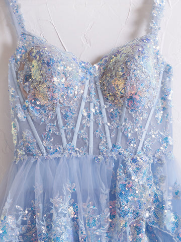 A Line Off the Shoulder Corset Prom Dress with Lace Ruffles