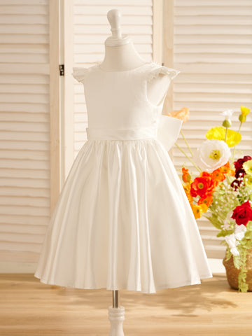 A-line Satin  Flutter Sleeves Knee-length Flower Girl Dress
